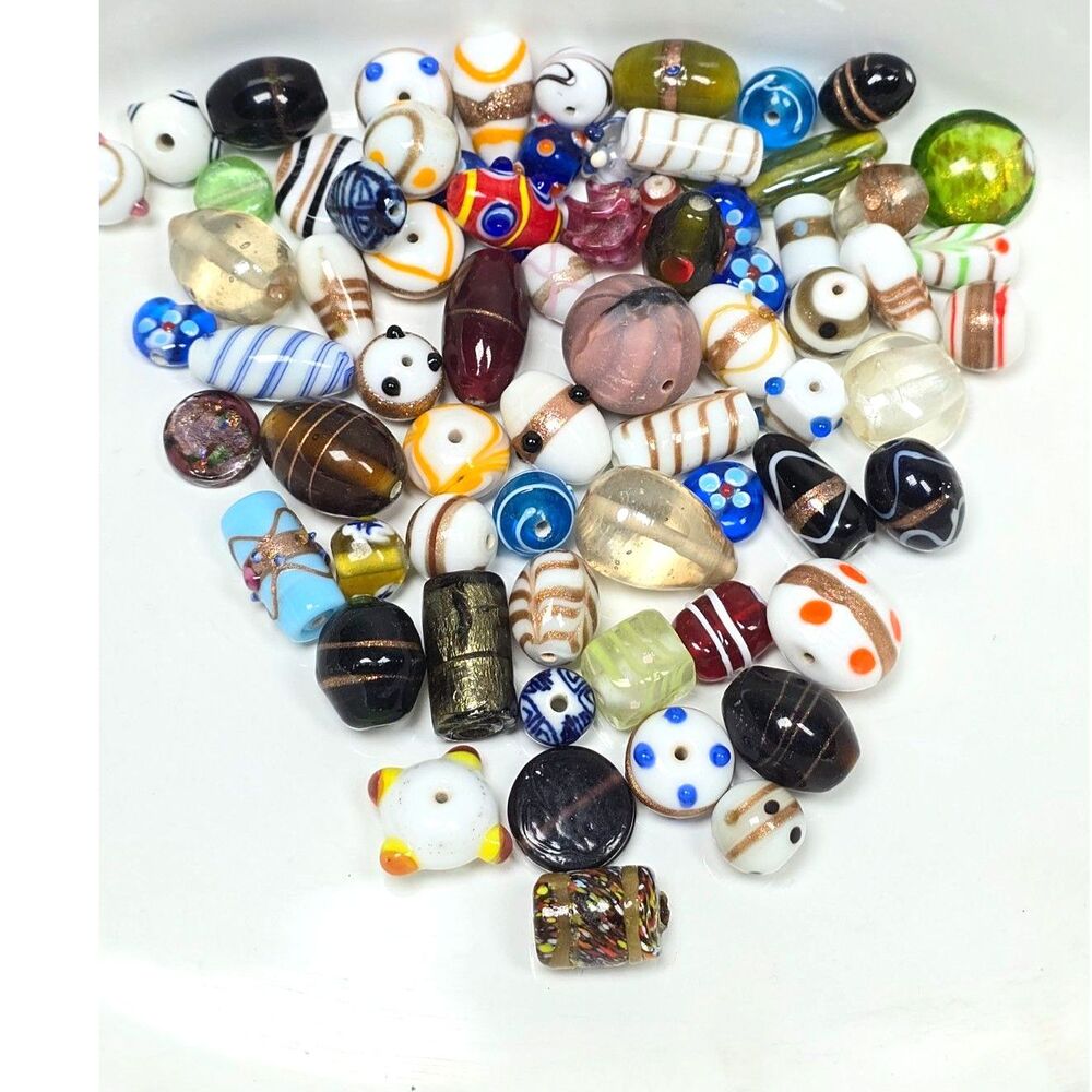Jewelry Glass Lampwork Bead Lot Medium Sizes 70 Pieces 10 oz. Various Shapes
